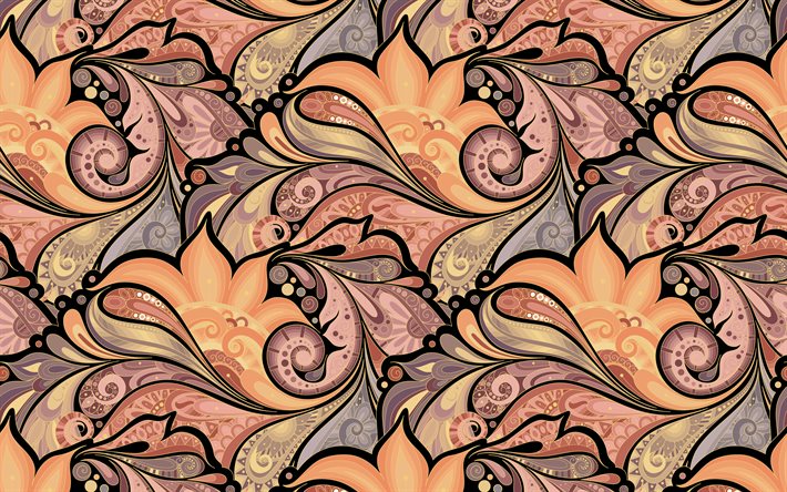 4k, colorful paisley background, artwork, paisley patterns, floral patterns, background with flowers, retro paisley patterns, retro floral background