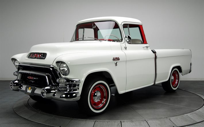 1956, GMC近郊, V8Hydramatic, 白色のピックアップトラック, レトロ車, 白郊外1956年, アメリカ車, ヴィンテージ車, GMC