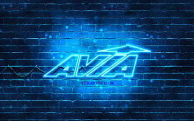 Avia logo bleu, 4k, bleu brickwall, Avia le logo, les marques de sport, Avia n&#233;on logo, Avia