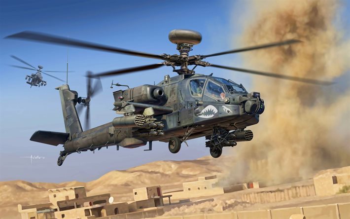Boeing AH-64 Apache, 4k, kuvitus, combat helikopteri, YHDYSVALTAIN Armeija, lentomelun, armeijan helikopterit, AH-64 Apache, US Air Force