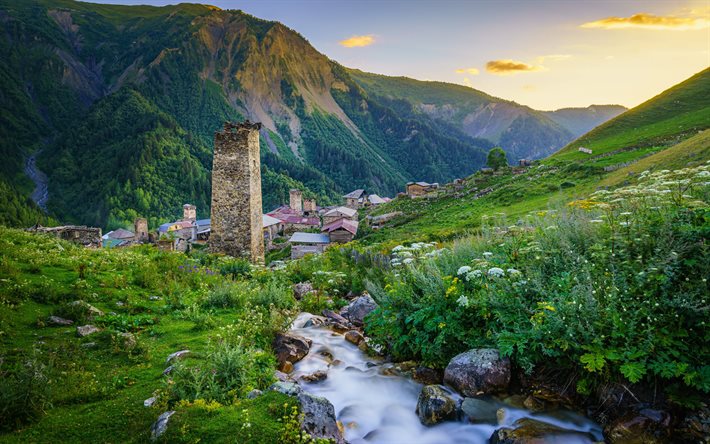Adishi, mountain village, illalla, sunset, torni, Kaukasian, mountain maisema, Yl&#228;-Svaneti, Samegrelo-Zemo Svaneti, Georgia