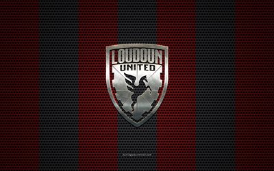 Loudoun United FC logo, American soccer club, metal emblem, red-black metal mesh background, Loudoun United FC, USL, Leesburg, Virginia, USA, soccer