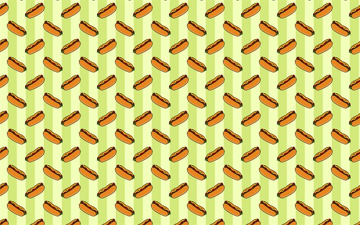 cartoon hotdogs, muster, 4k, hintergrund-mit hotdogs, kreativ, hotdogs, texturen, kinder texturen, comic-hotdogs hintergrund, kinder, hintergr&#252;nde, lebensmittel