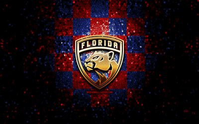 Florida Panthers, glitter logo, NHL, blue red checkered background, USA, american hockey team, Florida Panthers logo, mosaic art, hockey, America