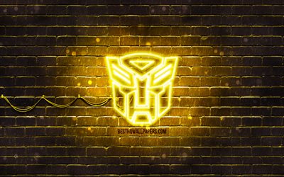 Les transformateurs logo jaune, 4k, jaune brickwall, Transformateurs logo, des films, des Transformateurs n&#233;on logo, Transformateurs