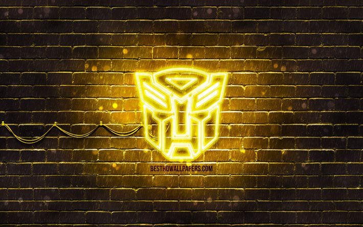 Transformers yellow logo, 4k, yellow brickwall, Transformers logo, movies, Transformers neon logo, Transformers