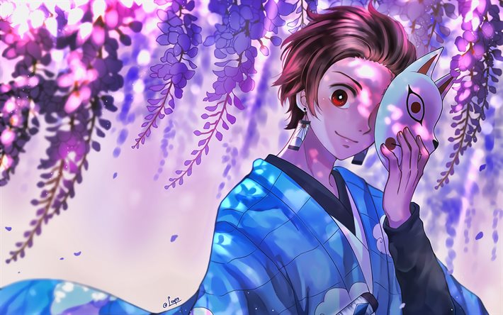 Tanjirou Kamado, spring, Kimetsu no Yaiba, Tanjirou, samurai, kimono, artwork, manga, Kamado Tanjiro