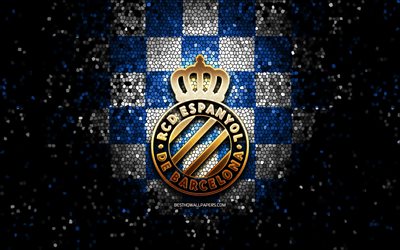 Espanyol FC, glitter logo, La Liga, blue white checkered background, soccer, RCD Espanyol, spanish football club, Espanyol logo, mosaic art, football, LaLiga, Spain