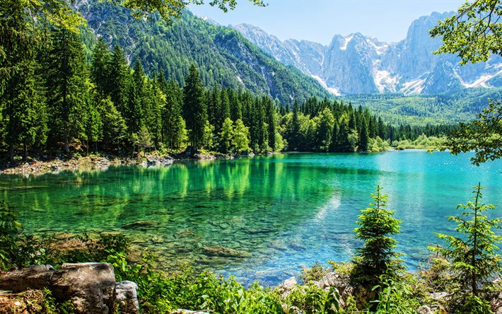 Fusine Lakes, 4k, summer, beautiful nature, mountains, Laghi di Fusine, Friuli, Italy, Europe, Fusine in Valromana, HDR