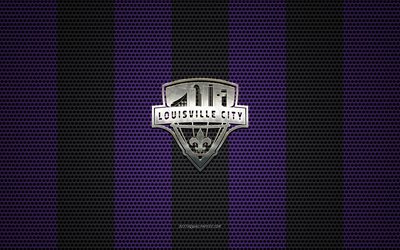 Louisville City FC logo, American soccer club, metal emblem, purple-black metal mesh background, Louisville City FC, USL, Louisville, Kentucky, USA, soccer