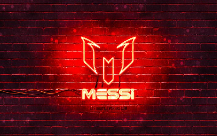 Lionel Messi red logo, 4k, red brickwall, Leo Messi, fan art, Lionel Messi logo, football stars, Lionel Messi neon logo, Lionel Messi