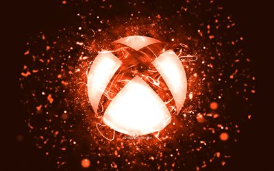شعار Xbox باللون البرتقالي, 4 ك, أضواء النيون البرتقالية, إبْداعِيّ ; مُبْتَدِع ; مُبْتَكِر ; مُبْدِع, البرتقال خلفية مجردة, شعار Xbox, سیستم عامل, اكس بوكس