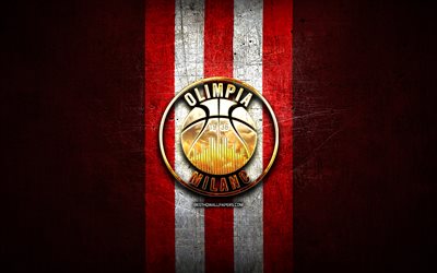 Olimpia Milano, golden logo, LBA, red metal background, italian basketball club, Lega Basket Serie A, Olimpia Milano logo, basketball, Pallacanestro Olimpia Milano