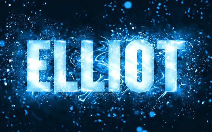 Feliz anivers&#225;rio, Elliot, 4k, luzes de n&#233;on azuis, nome de Elliot, criativo, feliz anivers&#225;rio de Elliot, anivers&#225;rio de Elliot, nomes masculinos americanos populares, foto com nome de Elliot