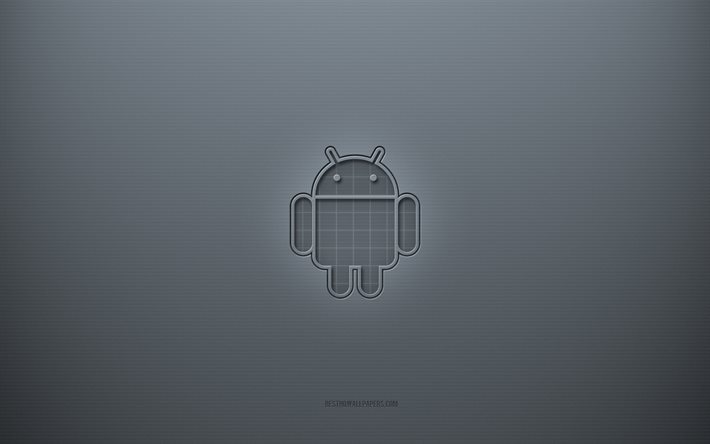 Android logosu, gri yaratıcı arka plan, Android amblemi, gri kağıt dokusu, Android, gri arka plan, Android 3d logosu
