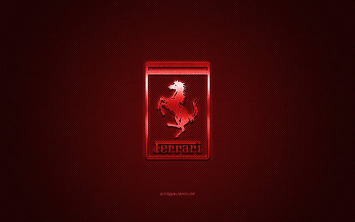 Logotipo da Ferrari, logotipo vermelho, fundo vermelho de fibra de carbono, emblema de metal da Ferrari, Ferrari, marcas de carros, arte criativa