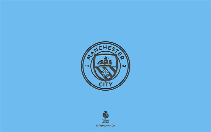 Manchester City FC, fond bleu, &#233;quipe de football anglaise, embl&#232;me de Manchester City FC, Premier League, Angleterre, football, logo Manchester City FC