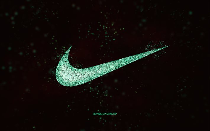 Nike glitter-logo, musta tausta, Nike-logo, turkoosi kimalletaidetta, Nike, luovaa taidetta, Nike turkoosi glitter-logo