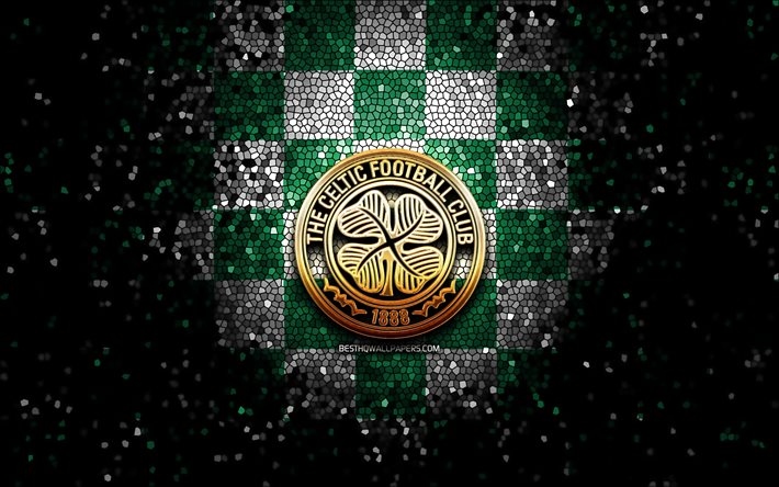 Celtic FC, logo glitter, Premiership scozzese, sfondo a scacchi bianco verde, calcio, squadra di calcio scozzese, logo celtico, arte del mosaico, FC Celtic