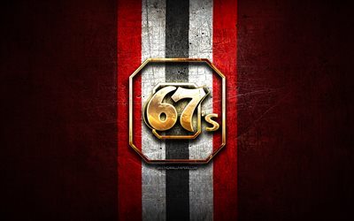 Ottawa 67s, logotipo dourado, OHL, fundo de metal vermelho, time canadense de h&#243;quei, logotipo Ottawa 67s, h&#243;quei, Canad&#225;
