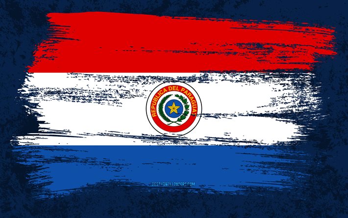 4k, Paraguays flagga, grungeflaggor, Sydamerikanska l&#228;nder, nationella symboler, penseldrag, grungekonst, Sydamerika, Paraguay
