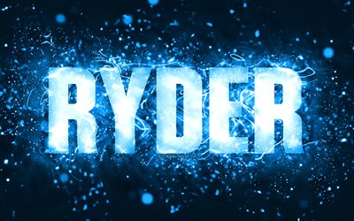 Happy Birthday Ryder, 4k, blue neon lights, Ryder name, creative, Ryder Happy Birthday, Ryder Birthday, popular american male names, picture with Ryder name, Ryder
