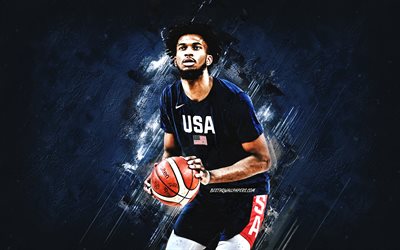 Marvin Bagley, equipe nacional de basquete dos EUA, EUA, jogador de basquete americano, retrato, equipe de basquete dos Estados Unidos, fundo de pedra azul