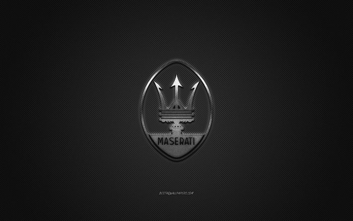 Logo Maserati, logo argento, sfondo grigio in fibra di carbonio, emblema in metallo Maserati, Maserati, marchi di automobili, arte creativa