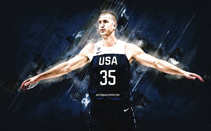 Mason Plumlee, squadra nazionale di basket USA, USA, giocatore di basket americano, ritratto, squadra di basket degli Stati Uniti, sfondo di pietra blu