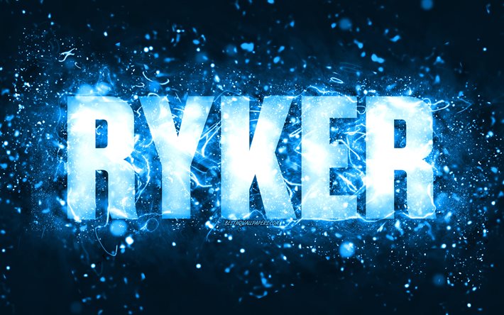 Happy Birthday Ryker, 4k, blue neon lights, Ryker name, creative, Ryker Happy Birthday, Ryker Birthday, popular american male names, picture with Ryker name, Ryker
