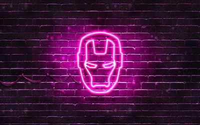 Iron Man purple logo, 4k, purple brickwall, IronMan logo, Iron Man, superheroes, IronMan neon logo, Iron Man logo, IronMan
