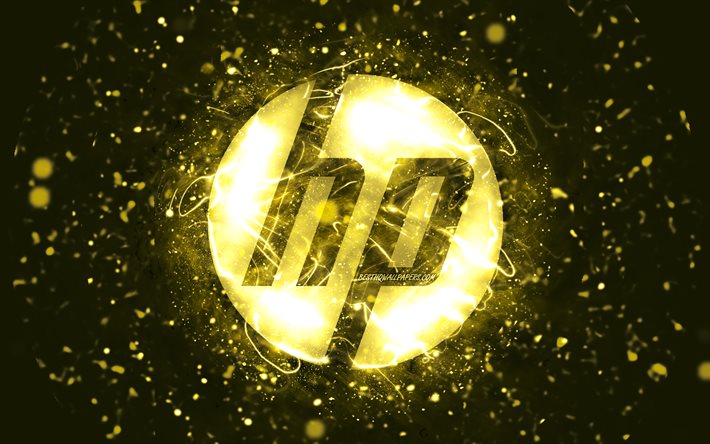 HP yellow logo, 4k, yellow neon lights, creative, Hewlett-Packard logo, yellow abstract background, HP logo, Hewlett-Packard, HP