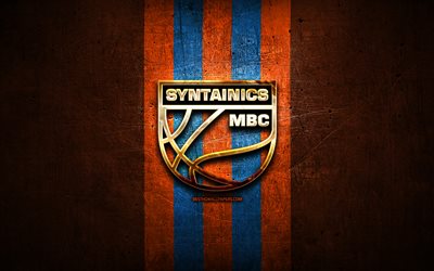 Syntainics MBC, golden logo, BBL, orange metal background, german basketball club, Basketball Bundesliga, Syntainics MBC logo, basketball