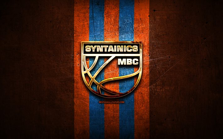 Syntainics MBC, gyllene logotyp, BBL, orange metallbakgrund, tyska basketklubben, Basketball Bundesliga, Syntainics MBC-logotyp, basket