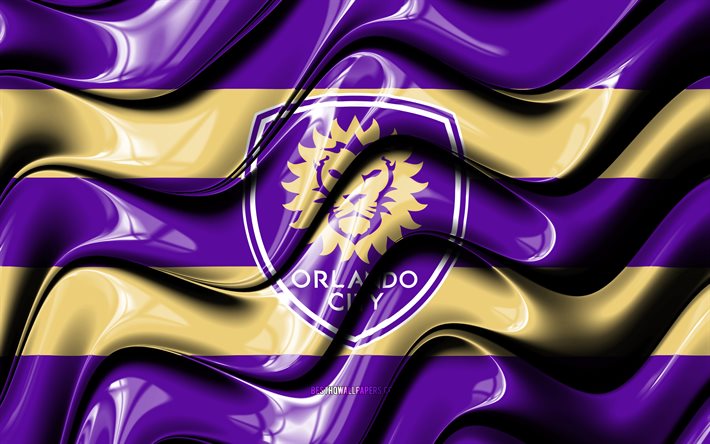 Orlando City FC flag, 4k, violet and brown 3D waves, MLS, american soccer team, football, Orlando City FC logo, soccer, Orlando City FC