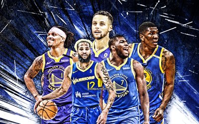 4k, Damion Lee, Eric Paschall, Ky Bowman, Stephen Curry, Kevon Looney, grunge art, Golden State Warriors, basketball, NBA, Golden State Warriorsteam, blue abstract rays, basketball stars