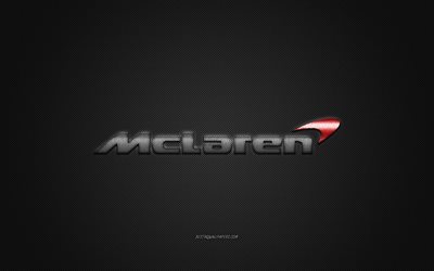 McLaren logo, silver logo, gray carbon fiber background, McLaren metal emblem, McLaren, cars brands, creative art