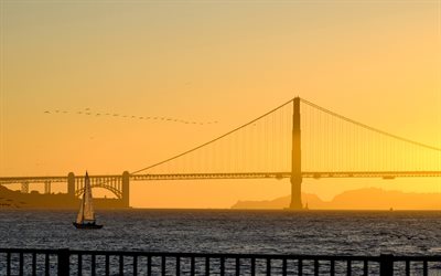 Golden Gate Bridge, evening, sunset, sailboat, Golden Gate Strait, San Francisco, California, USA
