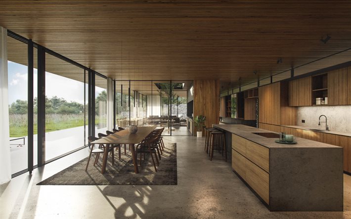 Design elegante sala da pranzo, stile loft, cucina, molto legno negli interni della cucina, interni dal design moderno