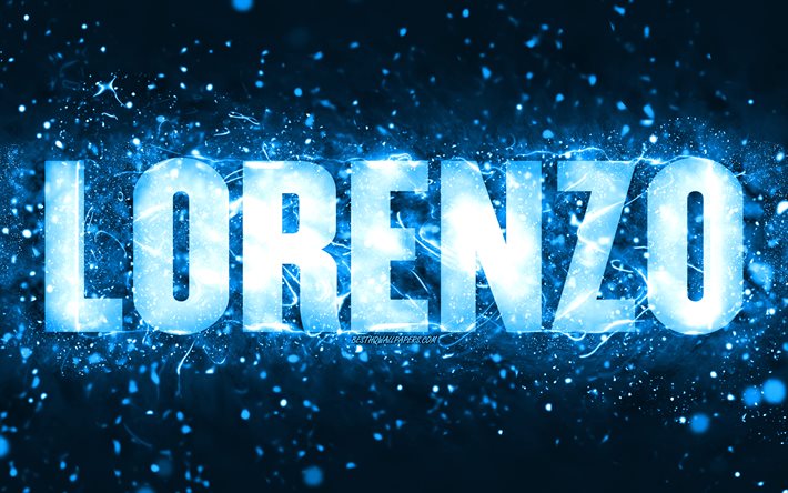 Feliz Anivers&#225;rio Lorenzo, 4k, luzes de n&#233;on azuis, nome Lorenzo, criativo, Anivers&#225;rio Lorenzo, nomes masculinos americanos populares, foto com o nome Lorenzo, Lorenzo