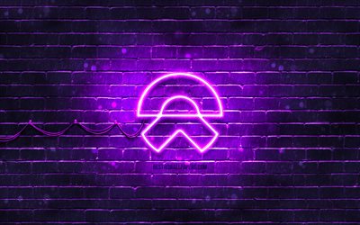NIO violet logo, 4k, violet brickwall, NIO logo, cars brands, NIO neon logo, NIO