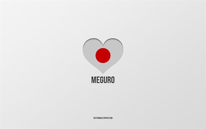 I Love Meguro, villes japonaises, fond gris, Meguro, Japon, coeur de drapeau japonais, villes pr&#233;f&#233;r&#233;es, Amour Meguro