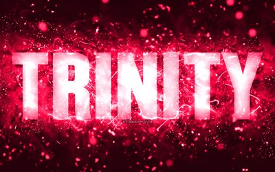 Happy Birthday Trinity, 4k, pink neon lights, Trinity name, creative, Trinity Happy Birthday, Trinity Birthday, popular american female names, picture with Trinity name, Trinity