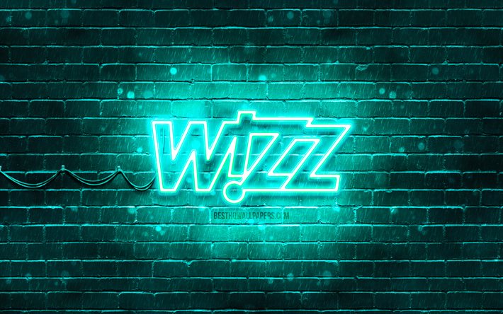 Logotipo turquesa wizz Air, 4k, parede de tijolo turquesa, logotipo wizz air, companhia a&#233;rea, logotipo wizz air neon, Wizz Air