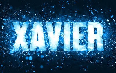 Happy Birthday Xavier, 4k, blue neon lights, Xavier name, creative, Xavier Happy Birthday, Xavier Birthday, popular american male names, picture with Xavier name, Xavier