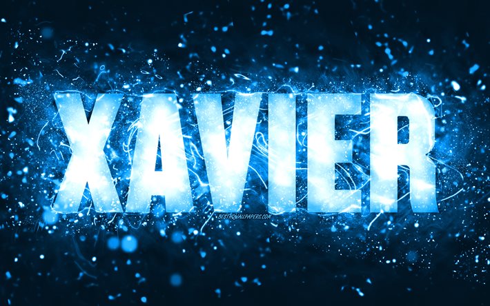 Buon compleanno Xavier, 4k, luci al neon blu, nome Xavier, creativo, Xavier Happy Birthday, Xavier Birthday, nomi maschili americani popolari, immagine con nome Xavier, Xavier