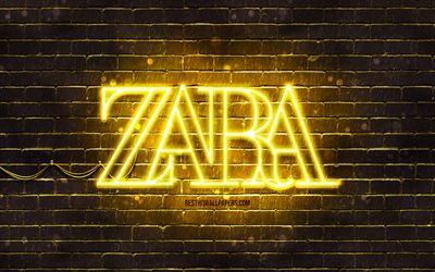 Zara yellow logo, 4k, yellow brickwall, Zara logo, fashion brands, Zara neon logo, Zara