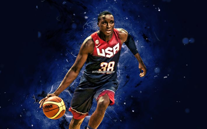 Victor Oladipo, 4k, ABD Basketbol Erkek Milli Takımı, mavi neon ışıklar, Kehinde Babatunde Oladipo, basketbol, ABD erkek milli basketbol takımı, yaratıcı, Victor Oladipo 4K