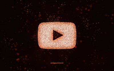YouTube-glitter-logo, musta tausta, YouTube-logo, oranssi glittertaide, YouTube, luova taide, YouTuben oranssi glitter-logo