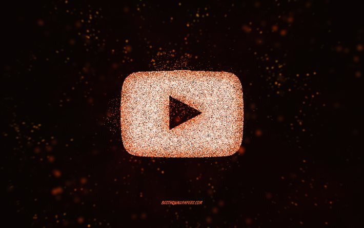 YouTube glitter logo, black background, YouTube logo, orange glitter art, YouTube, creative art, YouTube orange glitter logo